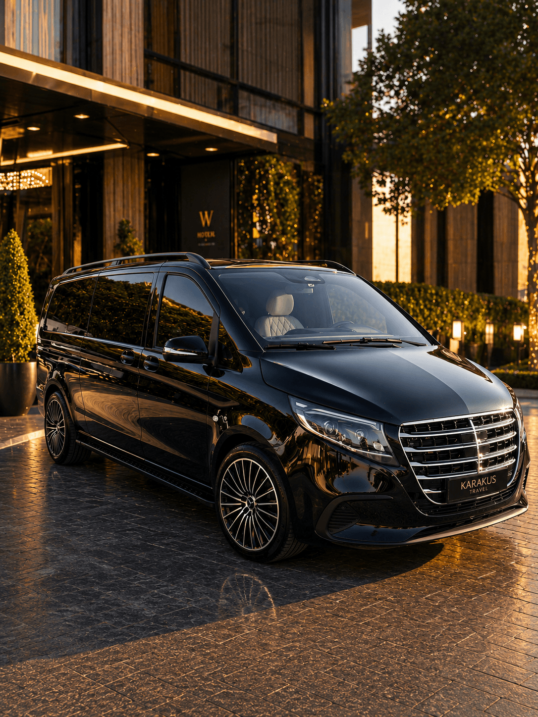 Karakus Travel Mercedes Vito VIP exterior in a premium hotel arrival setting