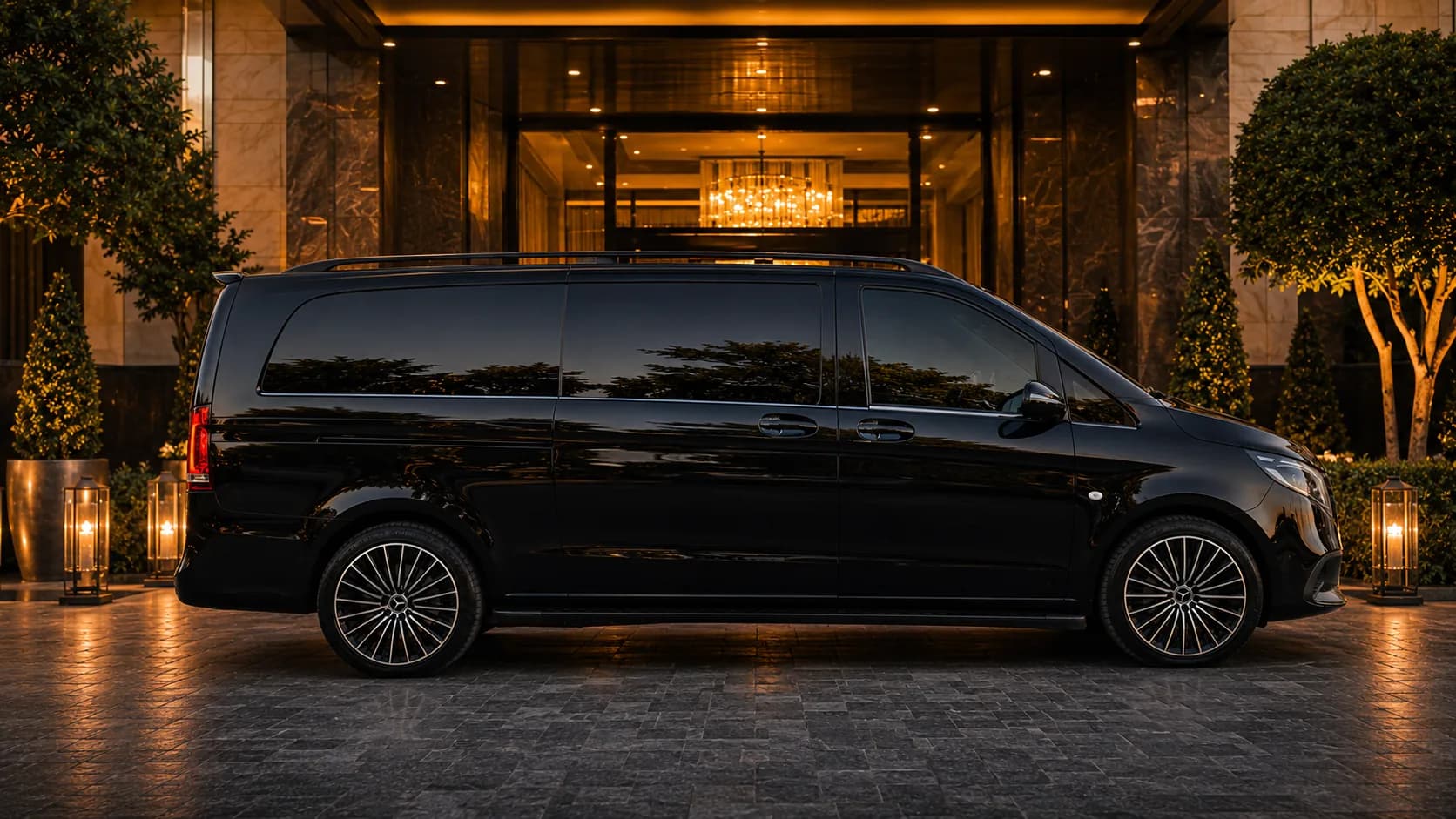Side profile of Karakus Travel black Mercedes Vito VIP vehicle